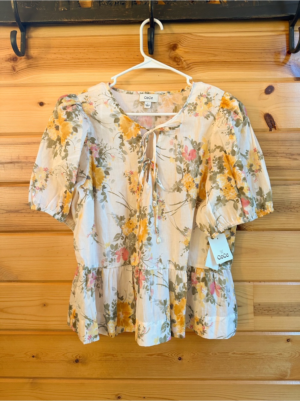 CeCe Cream Floral Tie-Neck Peplum Blouse with Yellow and Pink Blooms NWT
